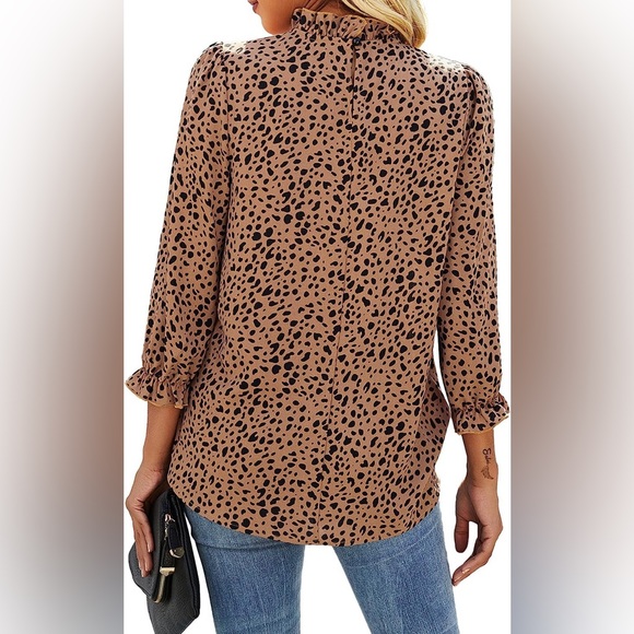 Avanova Women's Leopard Printed Ruffle Hem Long Sleeve Mock Neck Blouse Top - Picture 6 of 6